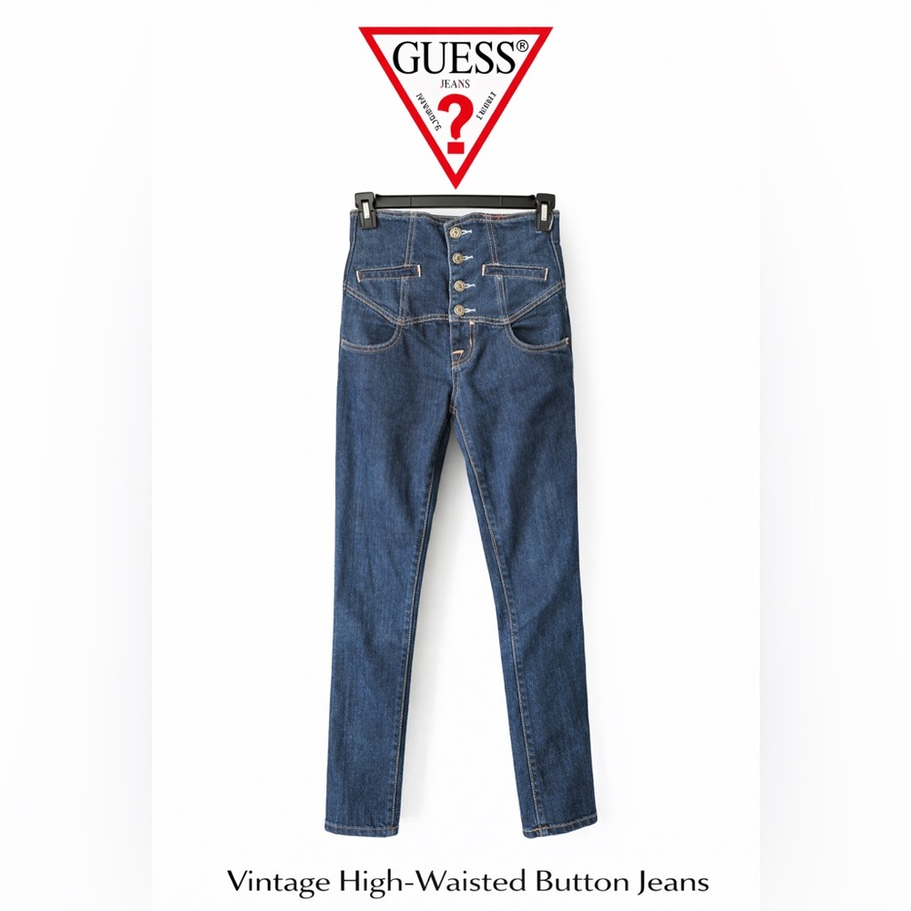 Vintage GUESS Jeans High Waist Button Fly Dark Wash Stretch Denim Y2K